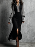 Womens Color Block Collared V Neck Long Bubble Sleeve Front Slit Elegant Evening Midi Dress Outfit