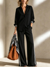 Oversized Button Down Shirt & High Waist Wide Leg Flare Pants Black Striped Contrast Co‑ord Set