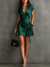Solid Green Abstract Print Wrap Mini Dress Collared V Neck Short Sleeve Tie Waist Ruffled High‑Low Hem Dress