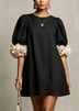 Black Puff Sleeve Loose Mini Dress With 3D Floral Embellishments