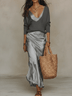 Elegant Knitted Pullover Top and Satin Midi Skirt Set