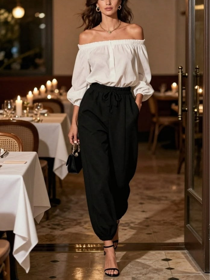 Off-the-Shoulder White Shirt and Black Trousers Set