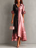 Women Color Block Satin Midi Dress, Floral Button Front Asymmetrical Hem Evening Party Maxi Dress