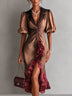 Women Lapel Collar Satin Midi Dress, Puff Sleeve High Slit Ruffle Hem Evening Party Dress