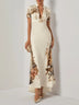 Beige Floral Satin Deep V Neck Mermaid Maxi Dress