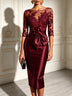 Black Lace Tulle Sleeve Bow Satin Midi Dress