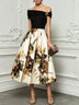 Black Floral Classic Off The Shoulder Short Sleeve A-Line Midi Dress