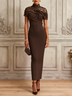 Elegant Brown Lace Mock Neck Short Sleeve Sheath Maxi Dress