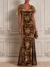 Brown floral velvet V-neck short-sleeved mermaid maxi dress