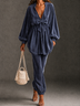 Women Velvet Bow V‑Neck Lantern Sleeve Blouse & Elastic Cuff Jogger Pants Co‑ord Two Piece Set