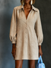 Women Suede Shirt Collared V‑Neck Lantern 3/4 Sleeve Floral Embroidery Button‑Down H‑Line Mini Dress