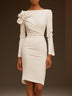 Elegant Cream White Bow Long Sleeve Sheath Midi Dress