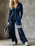 Navy Blue Velvet Hooded Zipper Wide Leg Jumpsuit