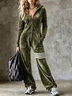 Olive Green Velvet Hooded Zipper Wide Leg Jumpsuit