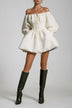 White off-the-shoulder pleated mini dress with a voluminous silhouette