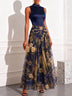 Elegant Navy Floral Chiffon Mock Neck Sleeveless Maxi Dress