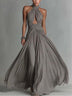 Elegant Grey High-Neck Ruched Cut-Out Flowing Maxi Dress