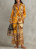 Orange Baroque Print Long Sleeve Shirt & Wide Leg Pants Two-Piece Set
