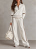 White Half-zip Collar Ribbed Sweatshirt And Color-blocked Wide-leg Pants Suit
