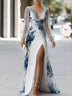 Elegant Front-Slit Printed Sheer Mesh Maxi Dress