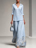 Light Blue Satin‑Chiffon Button‑Down 3/4 Sleeve Shirt & High‑Waist Wide‑Leg Pants With Hem Floral Print Two‑Piece Set