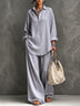 Grey‑Blue Textured Half Placket Oversized Shirt & High‑Waist Wide‑Leg Pants Two‑Piece Outfit