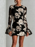 Black Mesh Mini Dress 3D White Floral Embroidery Long Flare Sleeve Bodycon Party Dress