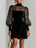 Black Velvet Mini Dress High Neck Sheer Vine Lace Puff Sleeve High Waist Pleated A Line Cocktail Dress