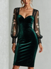 Dark Green Velvet Midi Dress Sweetheart Neck Lace Puff Sleeve Floral Embroidery Mesh Bodycon Cocktail Dress