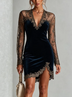 Navy Velvet Mini Dress Sheer Gold Floral Lace Long Sleeve Deep V Wrap Slit Bodycon Cocktail Dress
