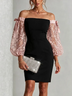 Black Off Shoulder Mini Dress Pink Floral Lace Puff Sleeve Satin Bow Bodycon Party Dress