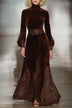 Lace Patchwork Turtleneck Balloon Sleeve Velvet Maxi Dresses