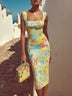 Classic Floral Square-Neck Slim-Fit Midi Dress