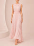 Pink pleated chiffon sleeveless maxi dress with a round neck
