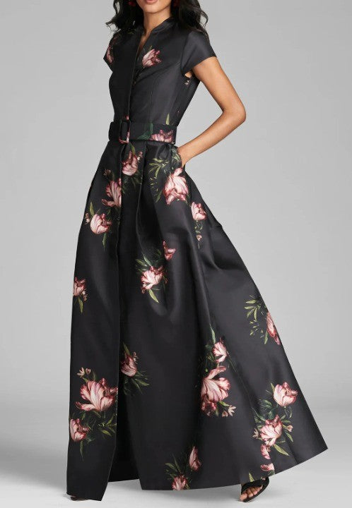 Short-sleeved A-line floral maxi dress with pockets（Includes belt）