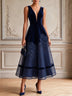 Navy appliqué mesh and velvet V-neck sleeveless A-line midi dress