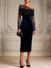 Navy Lace Velvet Asymmetrical Long Sleeve Sheath Midi Dress