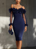 Navy Off-Shoulder Bodycon Midi Dress With 3D Floral Detail