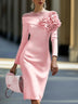 Round Neck Off Shoulder 3D Flower Midi Dress