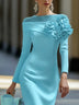 Round Neck Off Shoulder 3D Flower Midi Dress