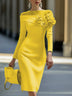 Round Neck Off Shoulder 3D Flower Midi Dress