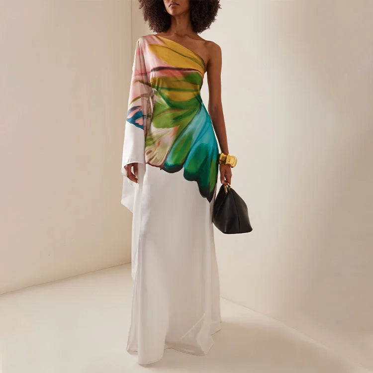 Off-shoulder long-sleeved printed dress