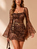 Vintage brown paisley print mesh mini dress(Waist chain included)