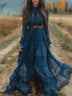 Vintage V-neck lace long-sleeve maxi dress (belt included)
