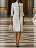 Elegant White Stand Collar Black Contrast Piping Fitted Midi Dress