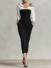 Color-block off-shoulder ruched fitted midi shirt-sleeve dress