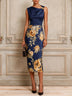 Elegant blue floral-print satin asymmetrical sleeveless slim-fit midi dress