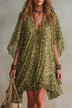 Green Leopard Print V-Neck Flowy Loose Chiffon Dress