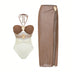 Women's Halter-Neck One-Piece Swimsuit with Hot Spring Wrap Skirt Set