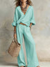 Casual Mint Blue V-Neck Top and Trousers Set(Belt included)